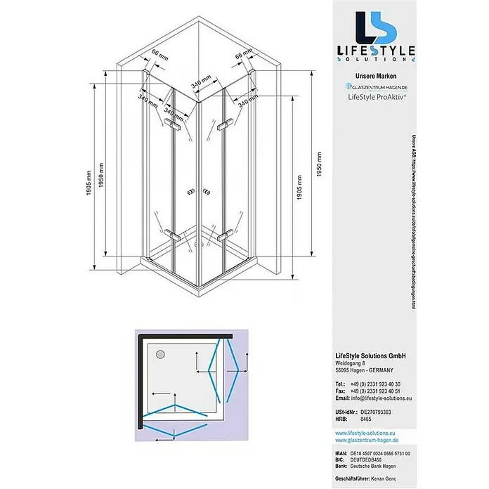 Glaszentrum Hagen Eckdusche 80x80x180 cm Hera Eck Duschkabine inkl. Tasse + Siphon - 80 x 80 x 195 cm, Eloxiert, Transparent