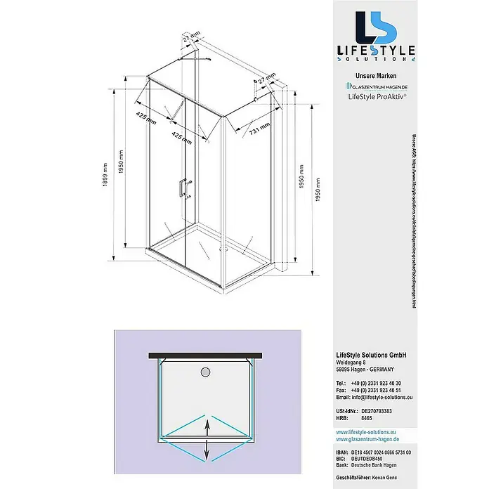 Glaszentrum Hagen U-Duschkabine 80x100x80x195 cm Mille U-Duschkabine inkl. Tasse + Siphon - Eloxiert, Transparent
