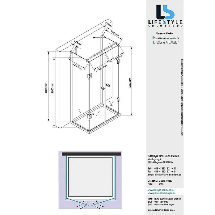 Glaszentrum Hagen U-Duschkabine 80x100x80x180 cm Ares U-Duschkabine inkl. Tasse - Eloxiert, Transparent