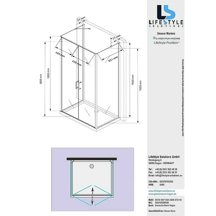 Glaszentrum Hagen U-Duschkabine 90x100x90x195 cm Mille U-Duschkabine inkl. Tasse + Siphon - Eloxiert, Transparent