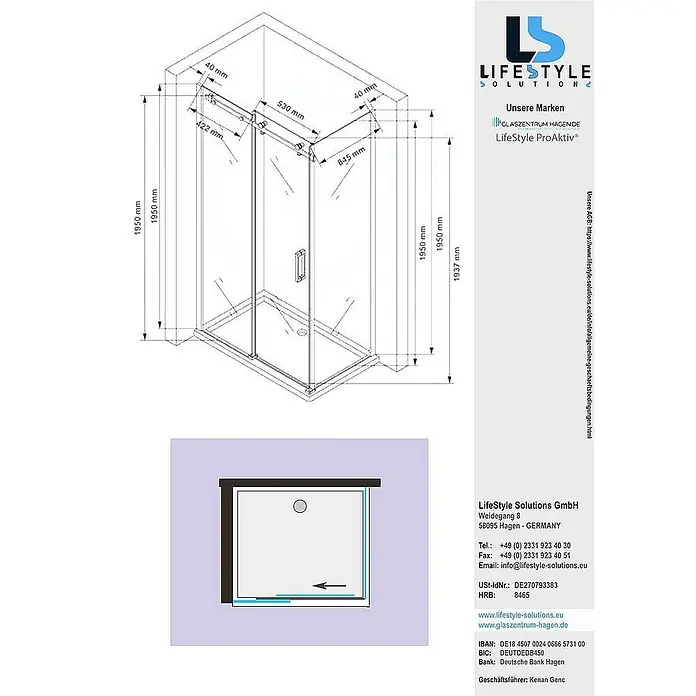 Glaszentrum Hagen Eckdusche 100x90x195 cm Aphrodite Duschkabine Slide-Tür inkl. Tasse + Siphon - 90 x 100 x 195 cm, Eloxiert, Transparent, Stärke: 8 mm