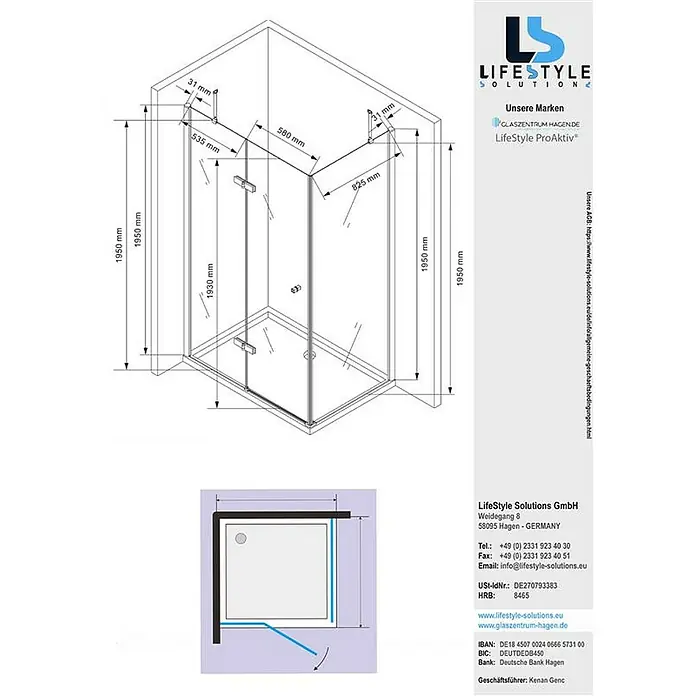 Glaszentrum Hagen Eckdusche 120x90x195 cm Hestia Duschkabine inkl. Tasse + Siphon - 90 x 120 x 195 cm, Eloxiert, Transparent, Stärke: 8 mm