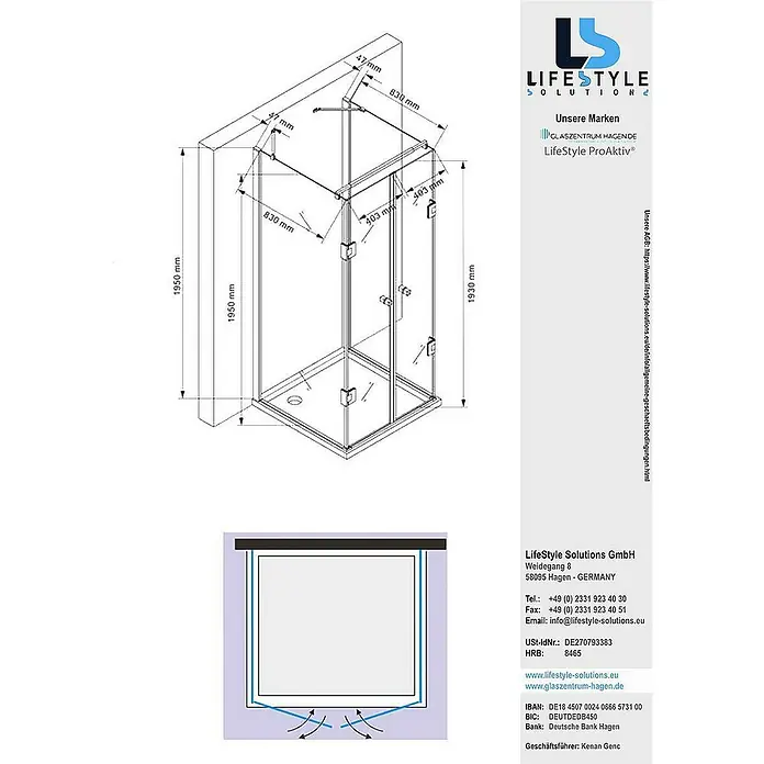 Glaszentrum Hagen U-Duschkabine 90x90x90x195 cm Ares U-Duschkabine inkl. Tasse + Siphon - Eloxiert, Transparent