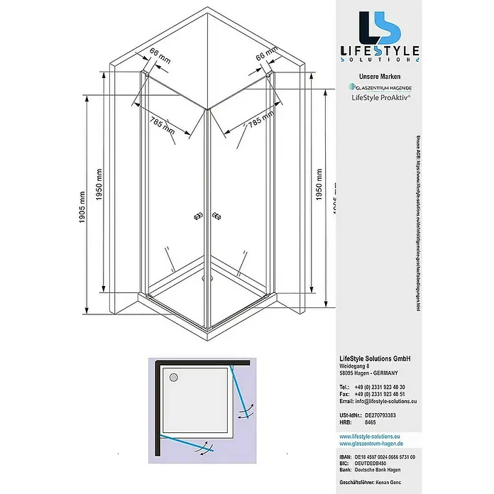 Glaszentrum Hagen Eckdusche 90x90x195 cm Zeus EckDuschkabine inkl. Tasse - 90 x 90 x 195 cm, Imprägniert, Farblos, Stärke: 8 mm