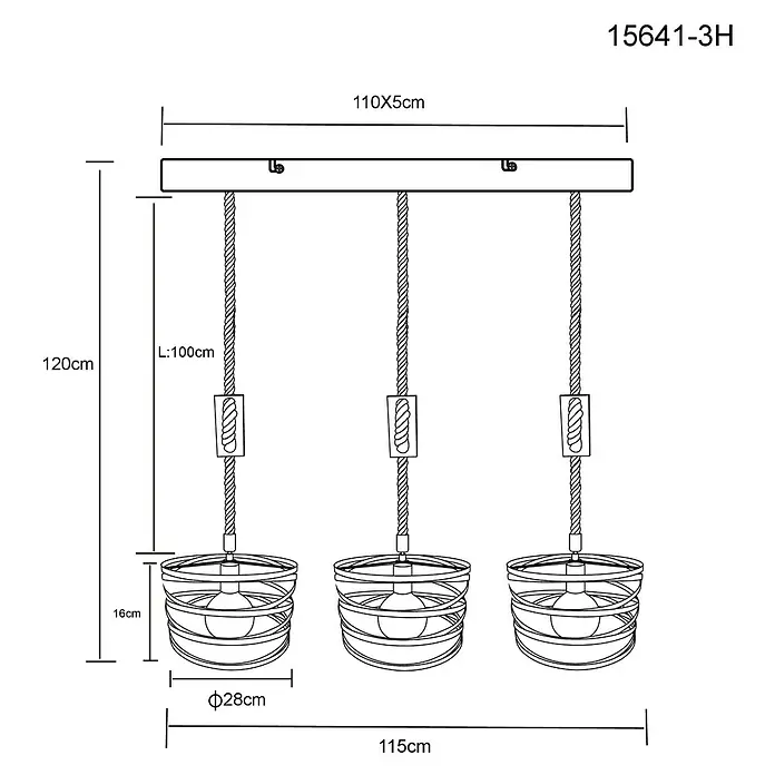 Globo Pendelleuchte Marco - L x B x H: 115 x 28 x 120 cm, Braun, E27 - Technische Zeichnung einer Pendelleuchte mit drei Lampenschirmen, Maße und Produktdetails umfassend.