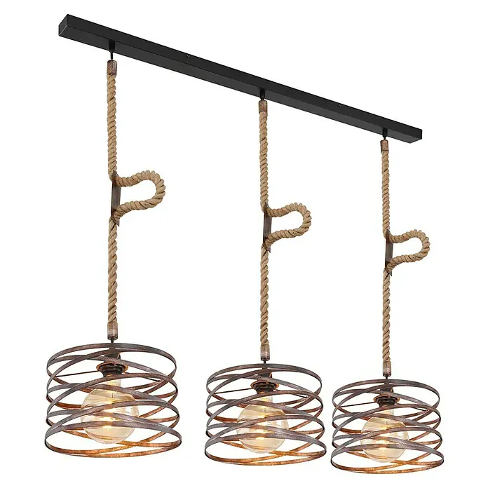 Globo Lámpara colgante Marco - L x An x Al: 115 x 28 x 120 cm, Marrón, E27 - Una lámpara colgante rústica con tres lámparas suspendidas por cuerdas de una barra negra, con pantallas de metal enrollado.