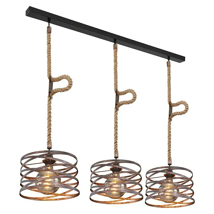 Globo Pendelleuchte Marco - L x B x H: 115 x 28 x 120 cm, Braun, E27 - Rustikale Hängeleuchte mit drei Lampen. Die Lampen sind mit Seilen befestigt und haben einen industriellen Look mit rostfarbenen Details.
