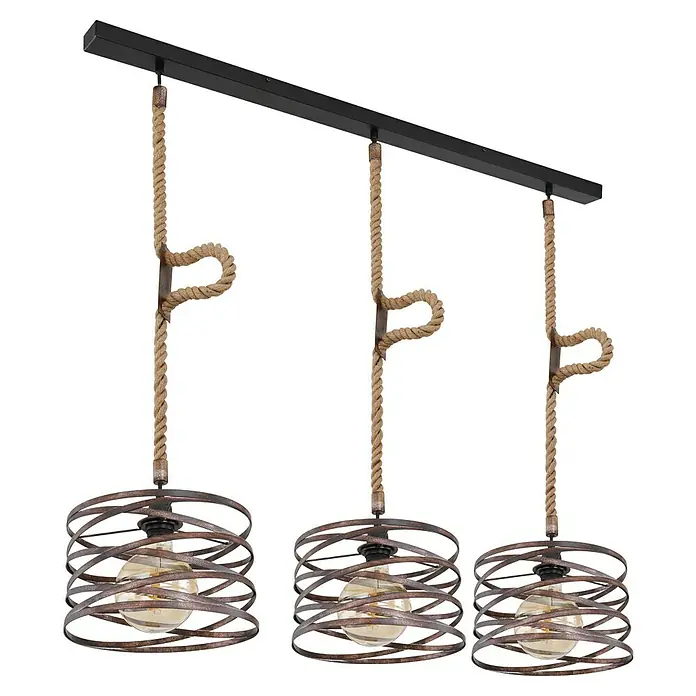 Globo Pendelleuchte Marco - L x B x H: 115 x 28 x 120 cm, Braun, E27 - Rustikale Hängelampe mit drei Lampen, die an Seilen von einer schwarzen Halterung hängen.