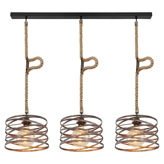 Globo Lámpara colgante Marco - L x An x Al: 115 x 28 x 120 cm, Marrón, E27 - Esta lámpara colgante presenta un diseño de tres luces con un dosel negro y suspensiones rústicas de cuerda, que culminan en pantallas metálicas en espiral.