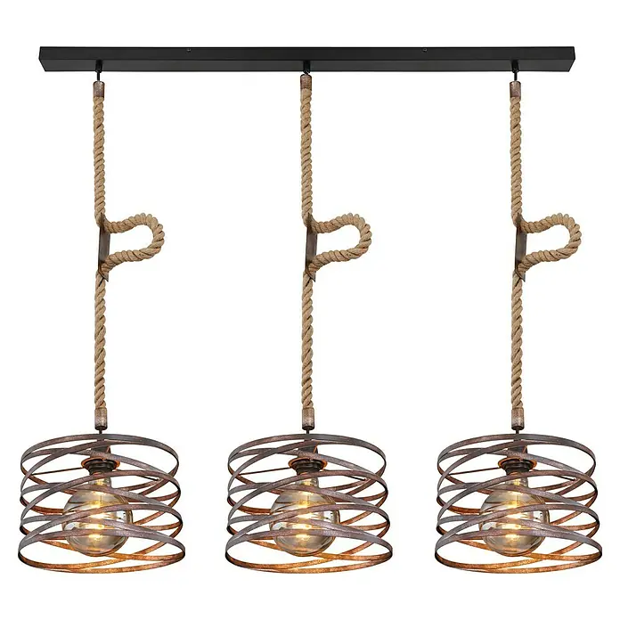 Globo Lámpara colgante Marco - L x An x Al: 115 x 28 x 120 cm, Marrón, E27 - Lámpara colgante con tres luces suspendidas de cuerdas de una barra negra, encerrada en una pantalla en espiral.