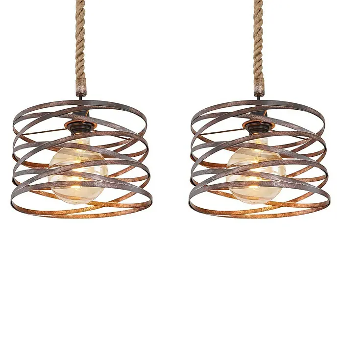 Globo Pendelleuchte Marco - L x B x H: 115 x 28 x 120 cm, Braun, E27 - Zwei Lampen mit gewickelten Metallgehäusen und Glühbirnen, die von Seilen hängen, die ein warmes Licht ausstrahlen.