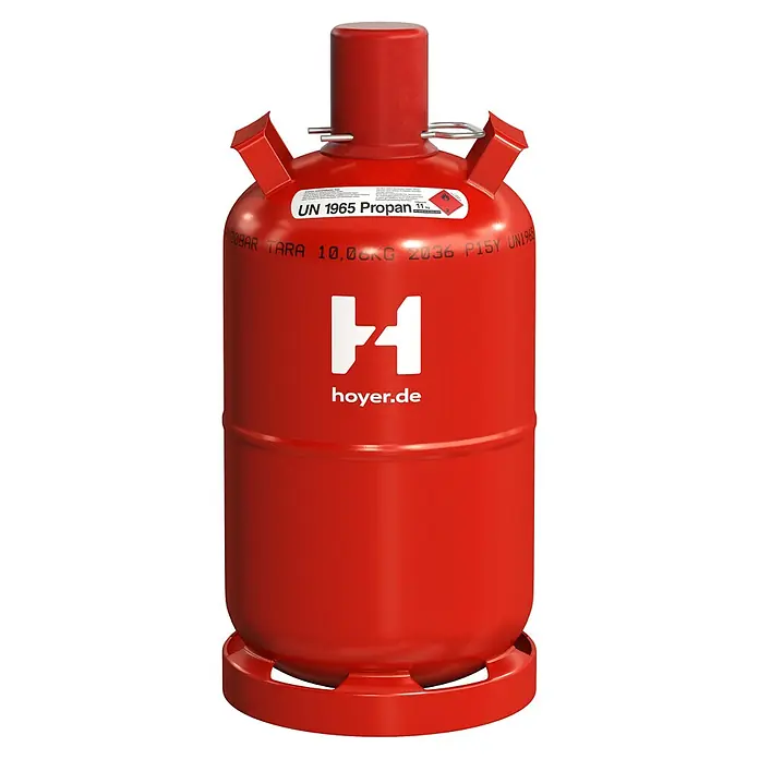 Hoyer Propangas-Flasche Pfandflasche ohne Füllung* - Fassungsvermögen: 11 kg - Rote Propangasflasche von Hoyer.de mit Aufschrift "UN 1965 Propan" und einem Gewicht von 11 kg. Die Flasche steht auf einem schwarzen Untergrund.