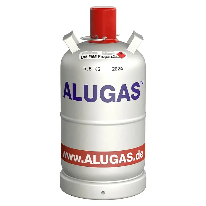 Hoyer Propangas-Flasche Alugas ohne Füllung* - Fassungsvermögen: 11 kg - Ein silberfarbener Alugas Propan Gasbehälter mit rotem Deckel und Etiketten mit Sicherheitsinformationen und der Webseite.