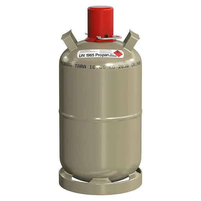 Hoyer Propangas-Flasche Eigentumsflasche ohne Füllung* - Fassungsvermögen: 11 kg - Eine Propangasflasche mit rotem Verschluss und Beschriftungen wie "UN 1965 Propan" und "Tara 10.46 KG" auf grauem Hintergrund.