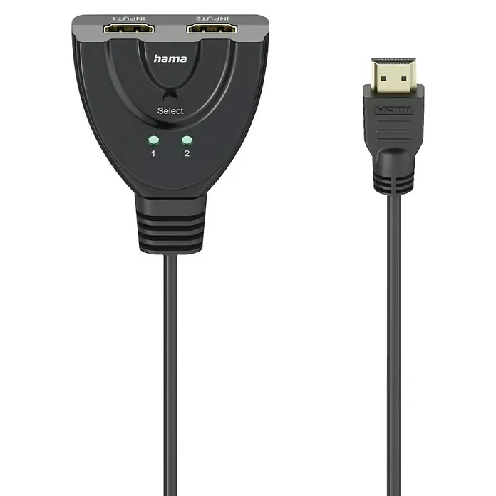 Hama HDMI-Kabel 00205323 4K 2x1 2x HDMI-Buchse - 1x HDMI-Stecker - Schwarz, 18 Gbit/s - Bild eines Hama HDMI-Switchers mit zwei Eingängen und einem HDMI-Kabel, das an ein Ausgabegerät angeschlossen werden kann, um zwischen zwei HDMI-Quellen umzuschalten.