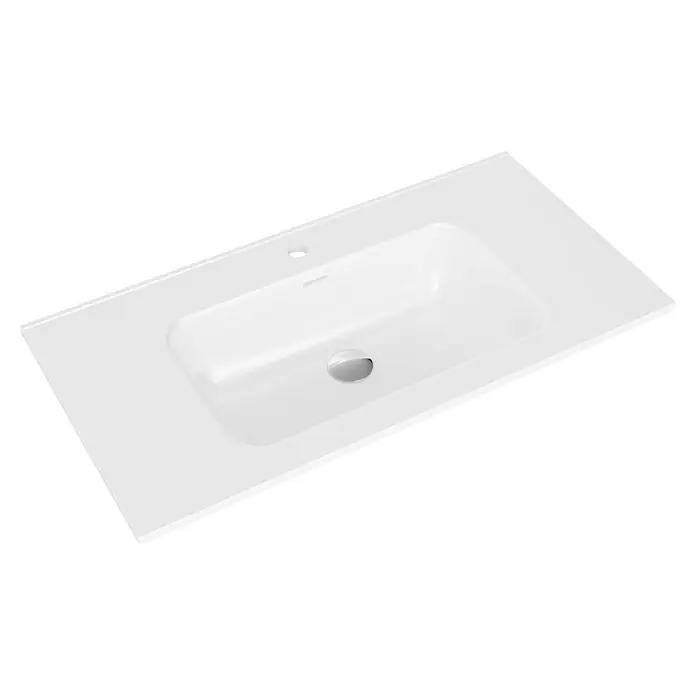 Conjunto de mueble de baño Alexa - Ancho total del mueble de baño: 80 cm, Roble, Mate - Una elegante encimera de tocador blanca rectangular con lavabo integrado y orificio para grifo, perfecta para un baño moderno.