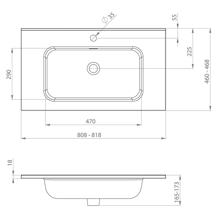 Conjunto de mueble de baño Alexa - Ancho total del mueble de baño: 80 cm, Roble, Mate - Dibujo técnico detallado de un lavabo con todas las medidas para la instalación.