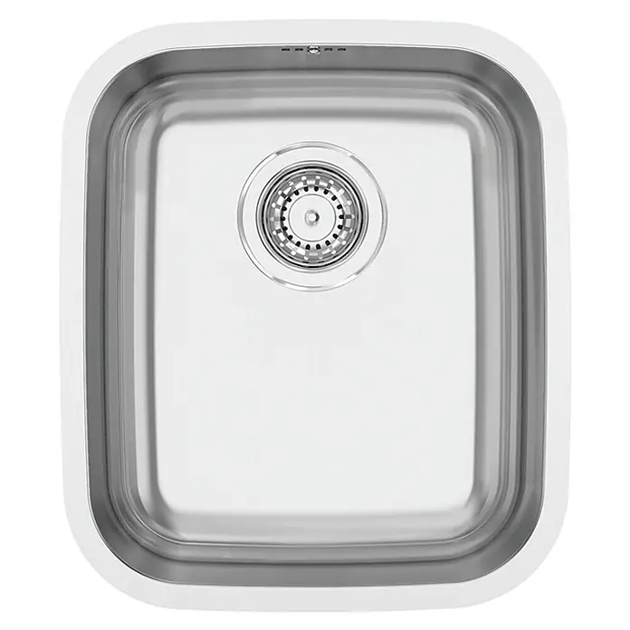 Rodi Fregadero encastrable Brasilia - 44 x 38 cm, Acero - Primer plano de un fregadero cuadrado de acero inoxidable con un desagüe redondo, que combina funcionalidad y diseño moderno.