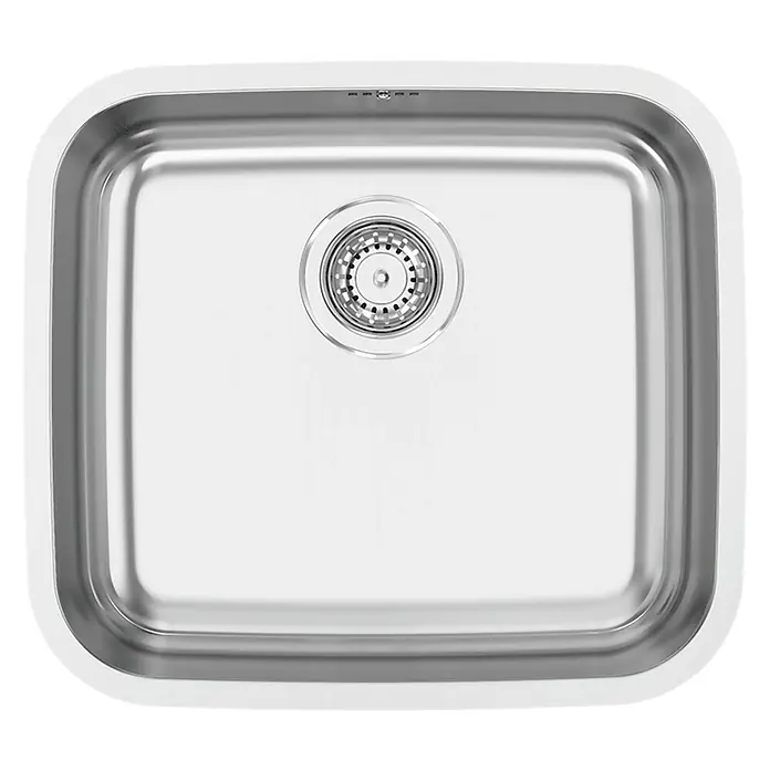 Rodi Fregadero encastrable Laguna - 44 x 49 cm, Acero - Un fregadero individual de acero inoxidable cuadrado con un acabado brillante y un desagüe redondo en el centro.