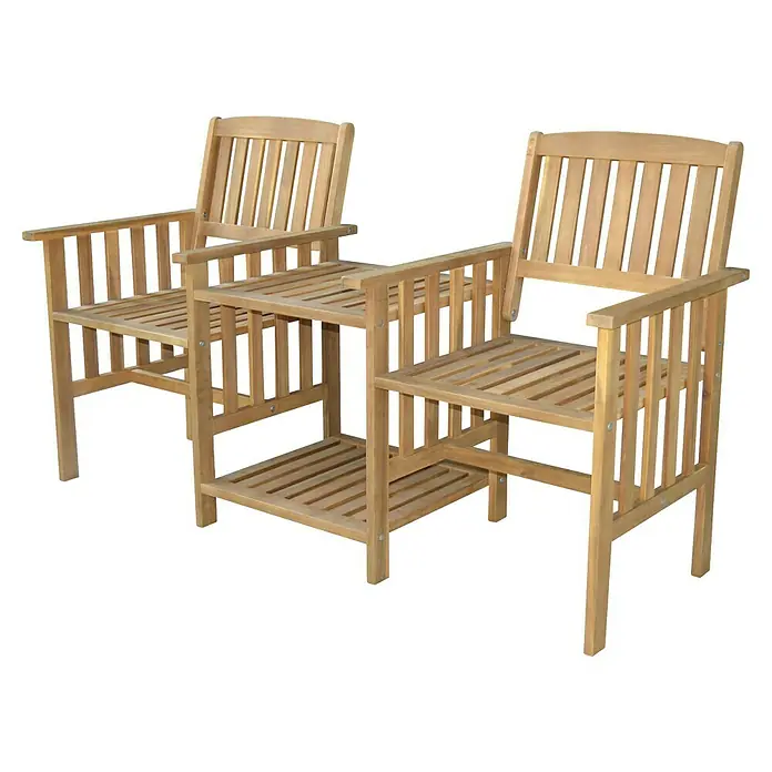 Prestige Home Living Outdoor Gartenbank - B x T x H: 163 x 63 x 91 cm, Akazie, Braun, mit Beistelltisch - Zwei stilvolle, naturbelassene Holzgartenstühle mit integriertem Beistelltisch, ideal für entspannte Stunden im Freien. Die Stühle sind robust und wetterfest.