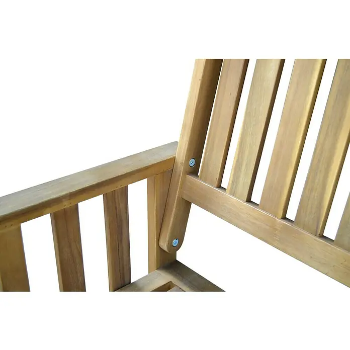 Prestige Home Living Outdoor Gartenbank - B x T x H: 163 x 63 x 91 cm, Akazie, Braun, mit Beistelltisch - Nahaufnahme einer Holzbank mit präzisen Schraubenverbindungen, die die hochwertige Handwerkskunst und Stabilität des Möbelstücks hervorheben.