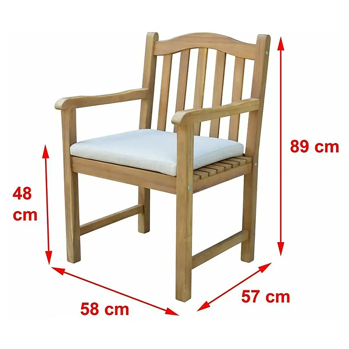 Prestige Home Living Outdoor Gartensessel - Akazie, Braun, B x T x H: 57 x 58 x 89 cm - Eine Gartenstuhl-Abbildung mit Maßangaben, die seine Abmessungen in Höhe, Breite und Tiefe deutlich macht.