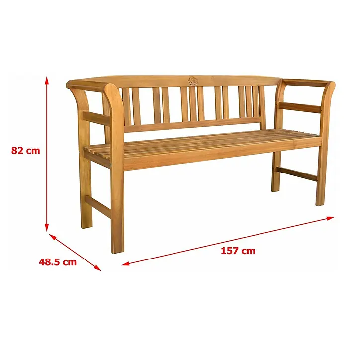Prestige Home Living Outdoor Gartenbank Rose - B x T x H: 100 x 100 x 80 cm, Akazie, Braun - Abgebildete Holzbank mit den Maßen 82 cm Höhe, 48,5 cm Tiefe und 157 cm Breite.