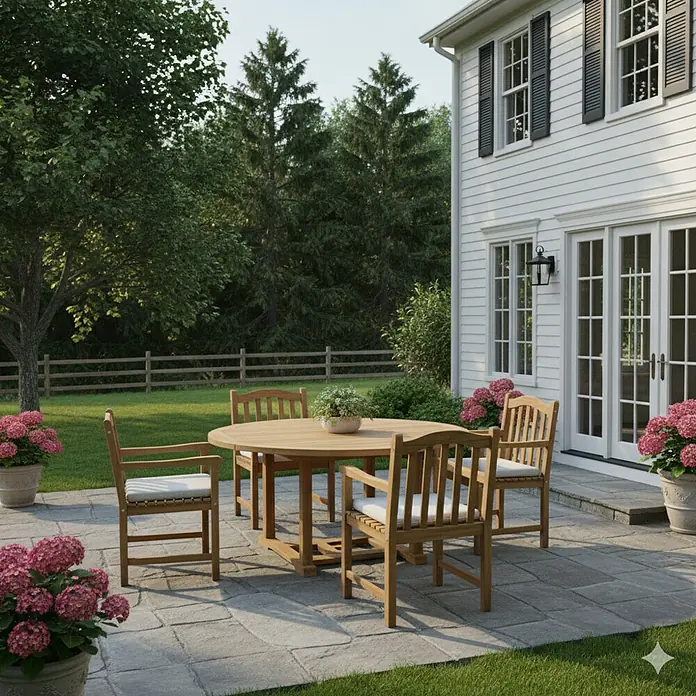 Prestige Home Living Outdoor Gartensessel - Akazie, Braun, B x T x H: 57 x 58 x 89 cm - Bild von einem runden Holzesstisch mit Stühlen im Freien, umgeben von üppigem Grün und einem Haus im Hintergrund.
