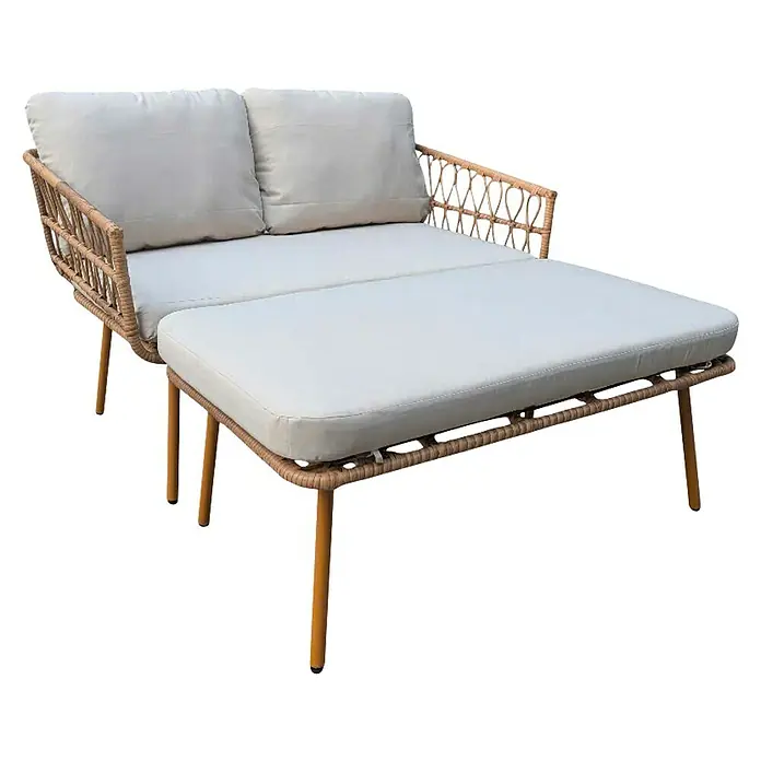 Prestige Home Living Outdoor Loungesofa Marena - PE-Geflecht, Schaumstoffpolster, Grau - Elegante Lounge-Gartenmöbel mit hellen Kissen und geflochtenem Rahmen für entspannte Stunden im Freien.