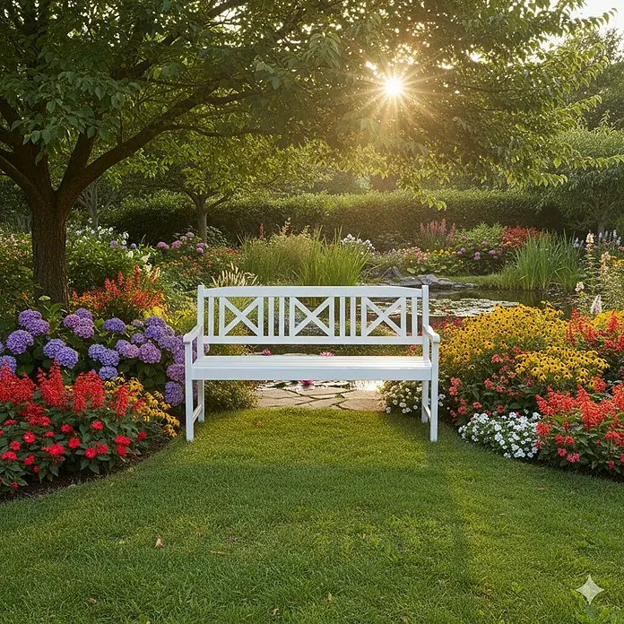 Prestige Home Living Outdoor Gartenbank - B x T x H: 150 x 61 x 89 cm, Akazie, Weiß - Romantische Gartenszene mit einer eleganten weißen Bank inmitten üppiger Blumenbeete und eines friedlichen Teiches im Hintergrund.