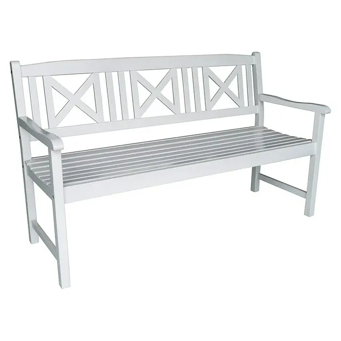 Prestige Home Living Outdoor Gartenbank - B x T x H: 150 x 61 x 89 cm, Akazie, Weiß - Ein weißer, hölzerner Gartenbank mit kreuzförmiger Rückenlehne, ideal für den Außenbereich, bietet rustikalen Charme und bequemen Sitzplatz.