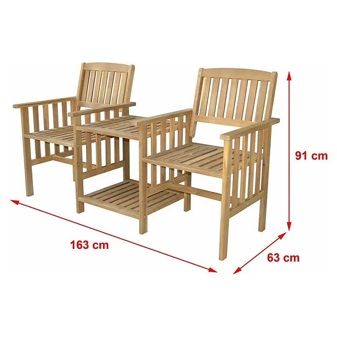 Prestige Home Living Outdoor Gartenbank - B x T x H: 163 x 63 x 91 cm, Akazie, Braun, mit Beistelltisch - Eine Doppelsitzbank aus Holz mit den Maßen 163 x 63 x 91 cm, ideal für den Garten oder die Terrasse. Sie bietet Platz für zwei Personen.