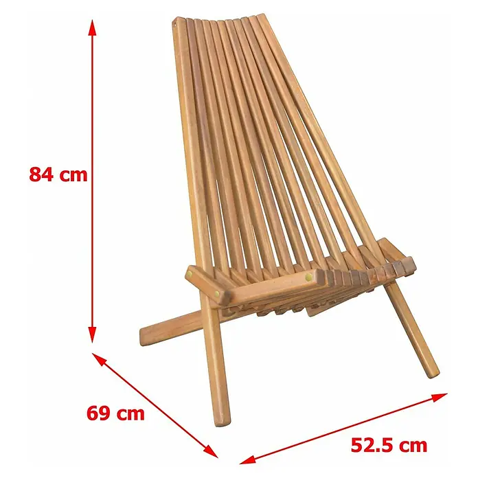 Prestige Home Living Outdoor Garten-Liegestuhl Set inkl. Beistelltisch -  - Abbildung eines Holzstuhls mit den Maßen 84 cm Höhe, 69 cm Tiefe und 52,5 cm Breite.