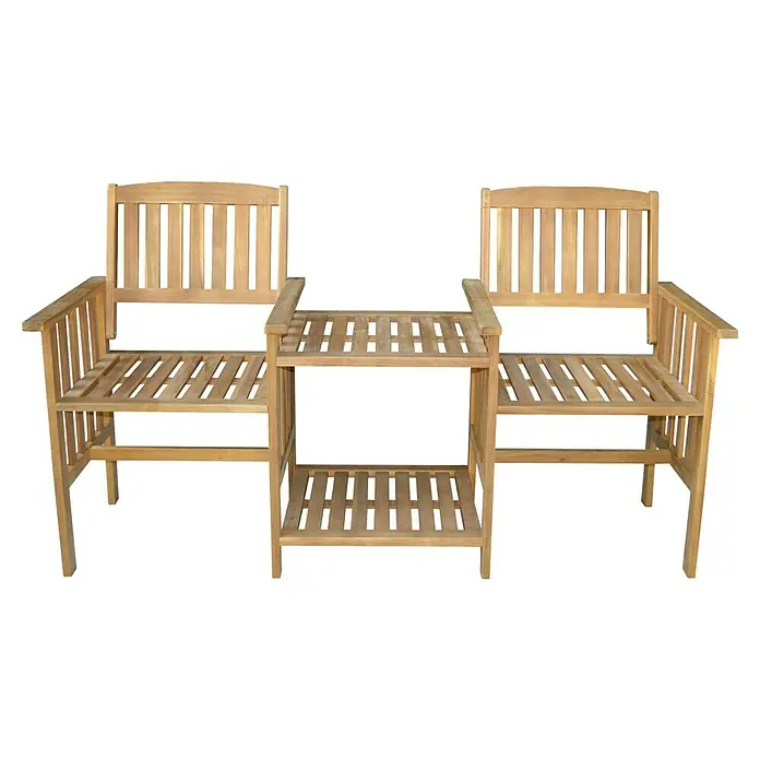Prestige Home Living Outdoor Gartenbank - B x T x H: 163 x 63 x 91 cm, Akazie, Braun, mit Beistelltisch - Gartenbank mit Tisch in der Mitte. Zwei separate Sitze aus Holz mit einer Tischfläche zwischen ihnen. Ideal für den Garten.
