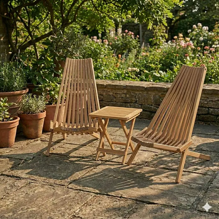 Prestige Home Living Outdoor Garten-Liegestuhl Set inkl. Beistelltisch -  - Dieses Bild zeigt ein Gartenset aus Holz, bestehend aus zwei Stühlen und einem kleinen Tisch, in einer malerischen Gartenumgebung.