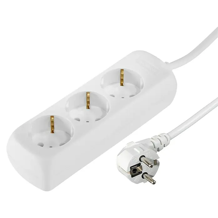 Hama Steckdosenleiste - Anzahl Steckdosen Schuko: 3 Stk., Weiß, Kabellänge: 1,4 m, Ohne Schalter - Dreifachsteckdose mit weißem Kabel und Stecker. Zur Stromversorgung mehrerer Geräte im Haushalt oder Büro.