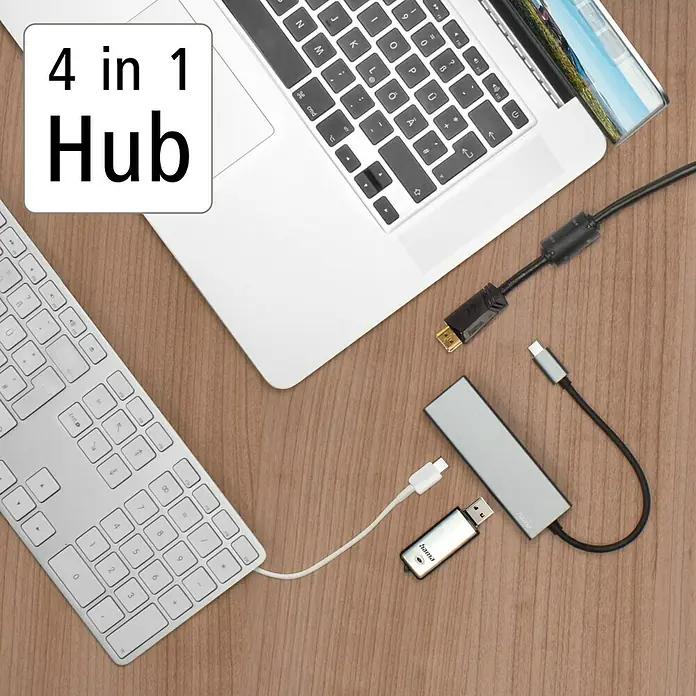 Hama USB-Reisestecker 1 x USB-C, 2 x USB-A, 1 x HDMI - L x B x H: 3,3 x 10 x 1,7 cm - Ein 4-in-1 Hub mit Anschlüssen für Laptop, Tastatur und USB-Stick für erweiterte Konnektivität.