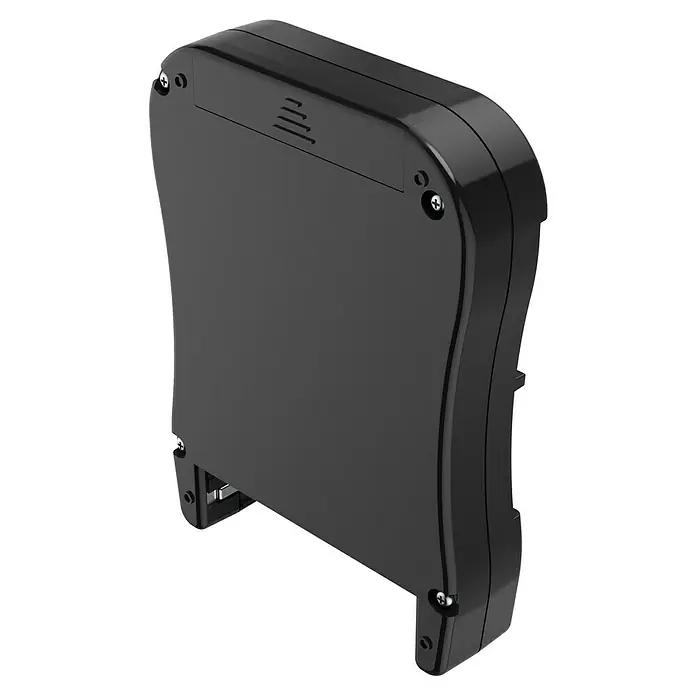 Hama Batterietester BT2 223544 - Schwarz - Eine Ansicht von einem schwarzen Handtuchspender mit Befestigungsschrauben für die Wandmontage zur hygienischen Entnahme von Papierhandtüchern.