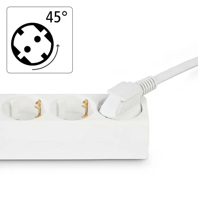 Hama Steckdosenleiste - Anzahl Steckdosen Schuko: 3 Stk., Weiß, Kabellänge: 1,4 m, Mit Schalter - Darstellung einer weißen Dreifachsteckdose mit eingestecktem Stecker und einem Symbol, das eine 45°-Drehung des Steckers andeutet.