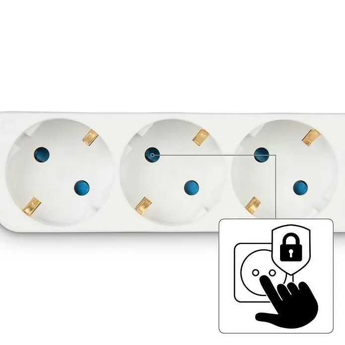 Hama Steckdosenleiste - Anzahl Steckdosen Schuko: 3 Stk., Weiß, Kabellänge: 1,4 m, Mit Schalter - Weiße Steckdosenleiste mit drei Steckplätzen und Kindersicherung. Das Symbol zeigt die Sicherheitsfunktion.