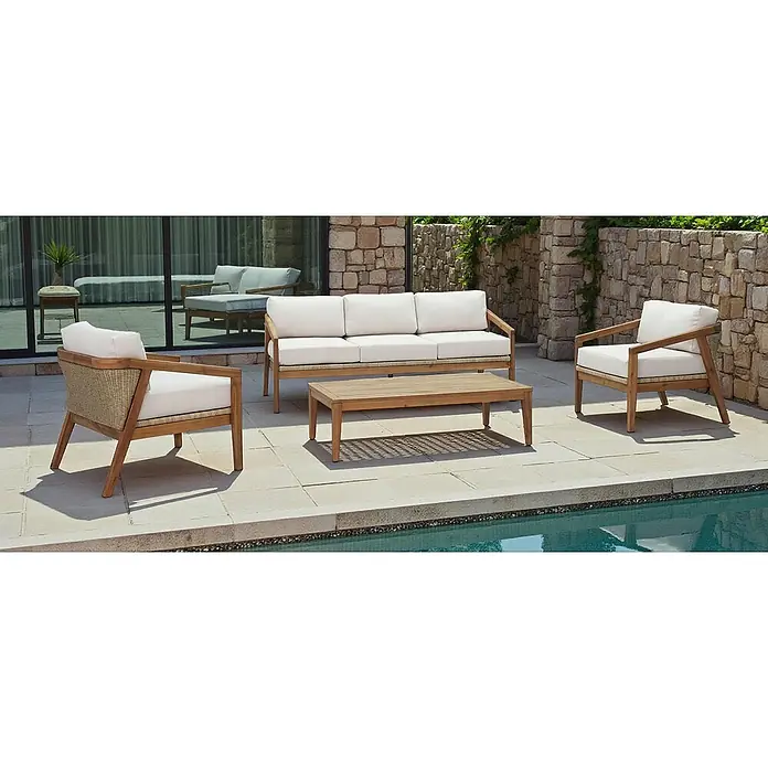 Sunfun Conjunto de muebles Anita - 4 pzs., Madera de acacia, Marrón/Antracita - Elegante conjunto de salón de jardín con estructura de madera y cojines blancos. Perfecto para relajarse al aire libre junto a la piscina.
