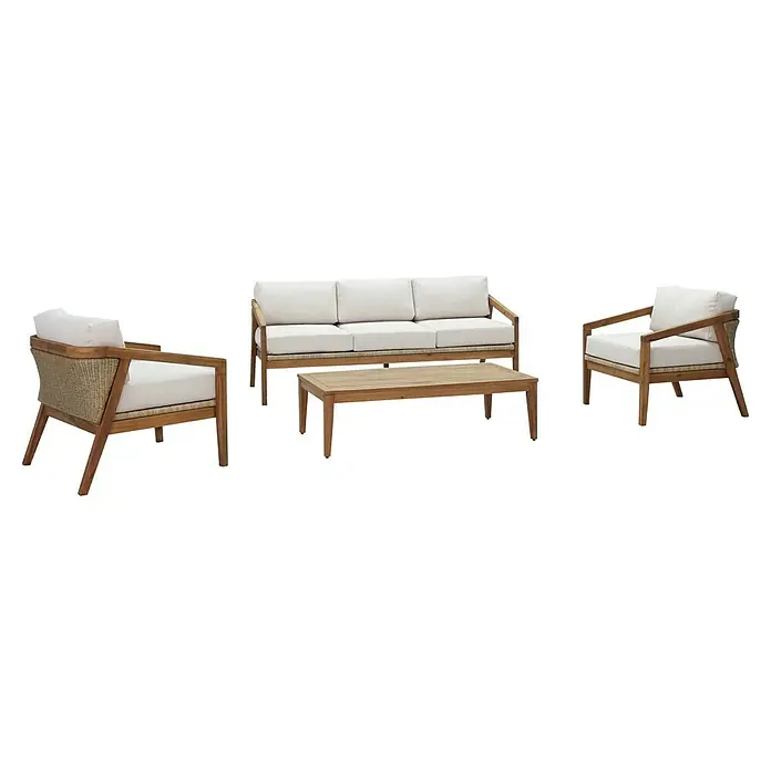 Sunfun Conjunto de muebles Anita - 4 pzs., Madera de acacia, Marrón/Antracita - Esta imagen muestra un elegante conjunto de muebles de exterior con un sofá, sillones y una mesa de centro, hecho con madera y cojines blancos.