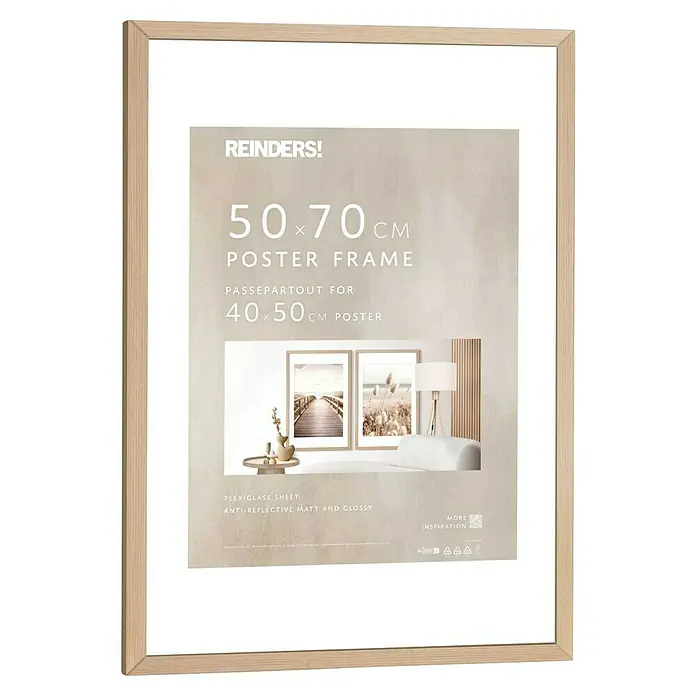 Reinders Holzrahmen - 50 x 70 cm, Buche - Ein 50x70 cm großer Reinders! Posterrahmen mit Passepartout für 40x50 cm Poster, ausgestattet mit einer entspiegelten Plexiglasscheibe.