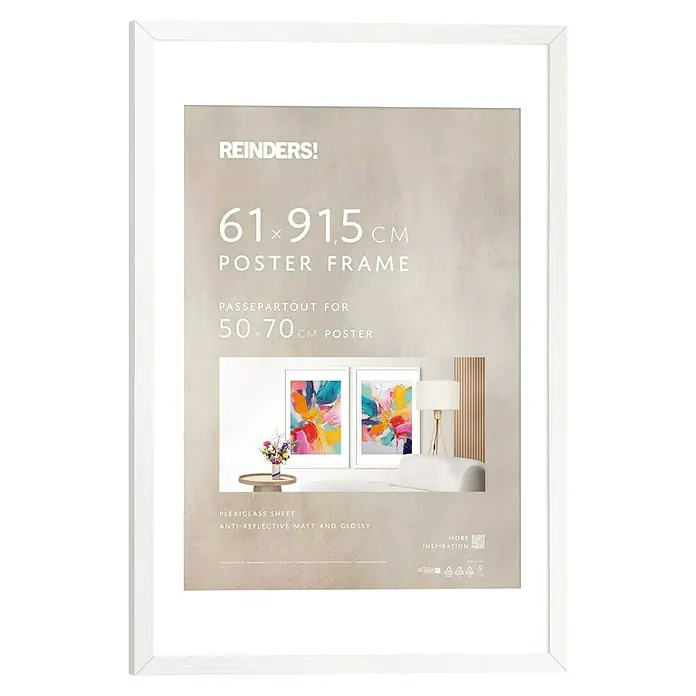 Reinders Holzrahmen - 61 x 91,5 cm, Weiß - Weißer Bilderrahmen von Reinders! für Poster in der Größe 61 x 91,5 cm, mit Passepartout für 50 x 70 cm Poster, mit entspiegeltem Plexiglas.