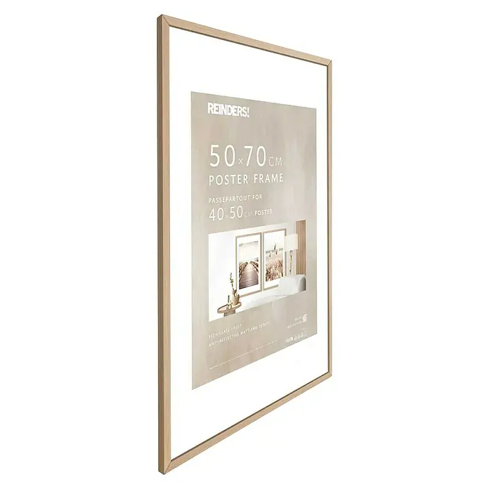 Reinders Holzrahmen - 50 x 70 cm, Buche - Ein 50x70 cm großer Posterrahmen von Reinders! mit Passepartout für 40x50 cm Poster, mit reflexionsarmer, matter und glänzender Plexiglasscheibe.
