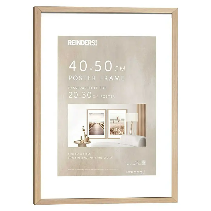 Reinders Holzrahmen - 40 x 50 cm, Buche - Ein rechteckiger Bilderrahmen aus hellem Holz mit Passepartout, geeignet für Poster in den Größen 40x50 cm und 20x30 cm.