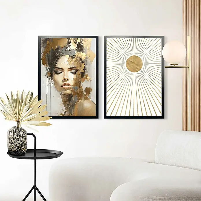 Reinders Holzrahmen - 50 x 70 cm, Schwarz - Stilvolles Wohnzimmer mit zwei gerahmten Kunstwerken an der Wand, die moderne Eleganz ausstrahlen.