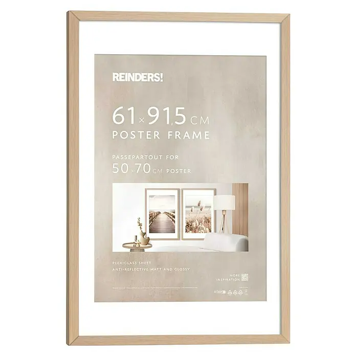 Reinders Holzrahmen - 61 x 91,5 cm, Buche - Bilderrahmen: Ein 61x91,5 cm großer, heller Holzrahmen für Poster. Ideal für Passepartout-gestaltete 50x70 cm Poster, mit Plexiglas, matt & glänzend.