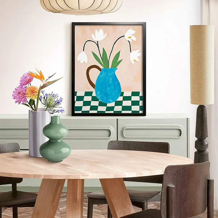 Reinders Holzrahmen - 40 x 50 cm, Schwarz - Ein modernes Stillleben-Gemälde mit Blumen in einer blauen Vase, gerahmt in Schwarz, das eine warme und einladende Atmosphäre schafft.
