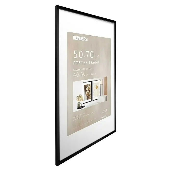 Reinders Holzrahmen - 50 x 70 cm, Schwarz - Nahaufnahme eines stilvollen schwarzen 50x70 cm Reinders! Posterrahmen mit Passepartout für 40x50 cm Poster.